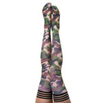 Kixies Alex Striped Band Top Camo Print Stay Up Thigh High Stockings Green Camo 1348 Detail