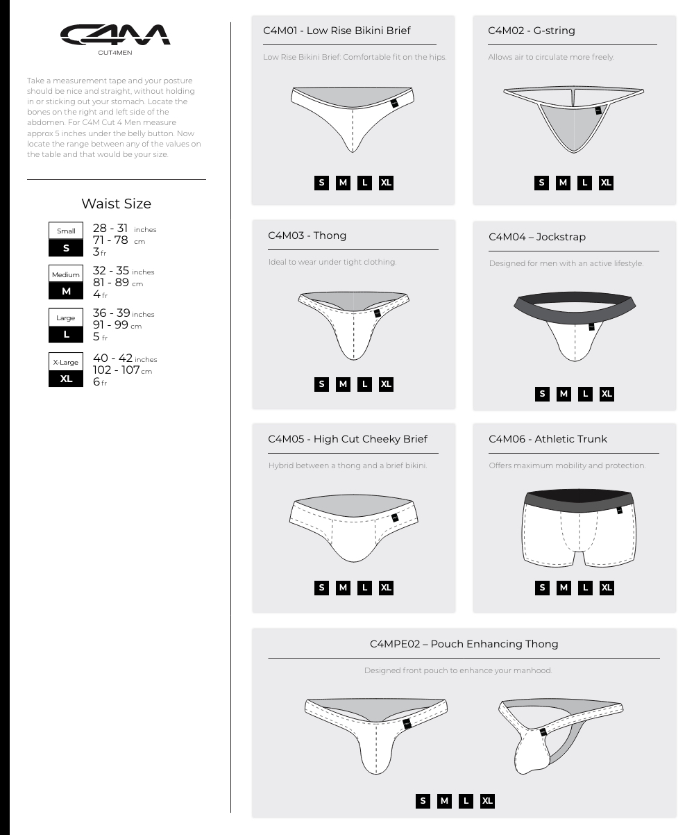 Cut for Men Size Chart