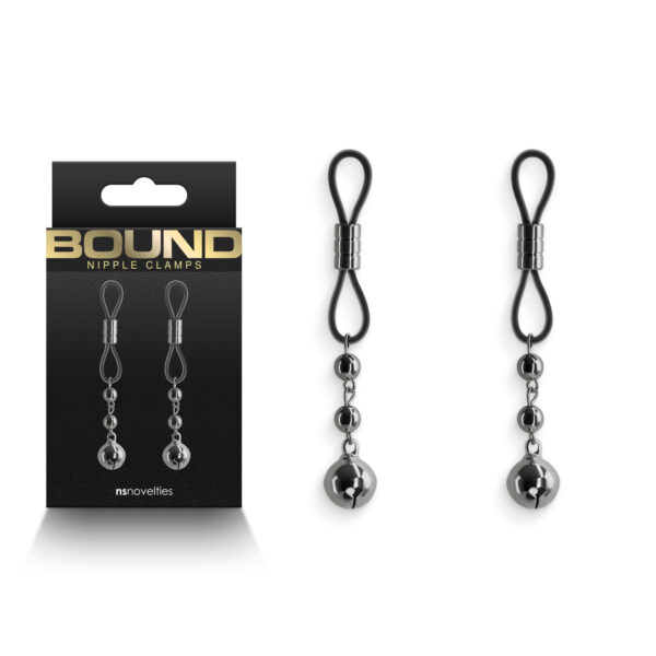 NS Novelties Bound D1 Lasso Nipple Clamps with Bells Gunmetal NSN 1302 60 657447106804 Multiview.jpg