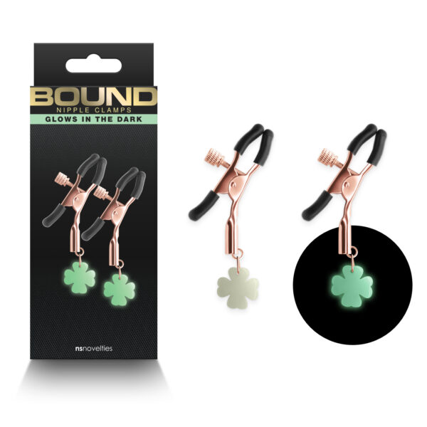 NS Novelties Bound G4 Adjustable Nipple Clamps 4 Leaf Clover Pendant Rose Gold Glow in the Dark NSN 1302 14 657447107221 Multiview.jpg