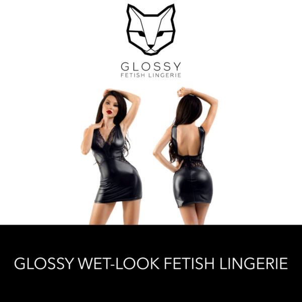 Glossy Fetish Lingerie Celestina Wetlook Sleeveless Mini Dress With Lace Panels Front and Back Black 955037