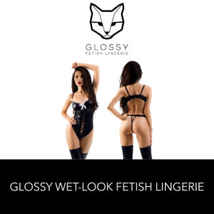 Glossy Fetish Lingerie Delilah Wetlook Bodysuit With Lace Up Front and With White Bow Black 955038