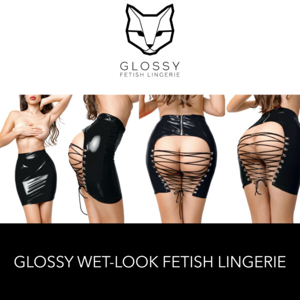 Glossy Fetish Lingerie Leanne Wetlook Skirt With Lace Up Back Black 955050