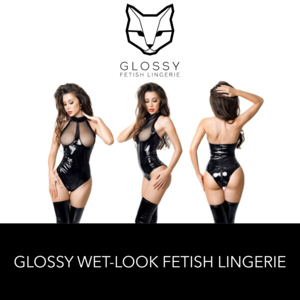 Glossy Fetish Lingerie Marcia Wetlook Halter Bodysuit With Sheer Mesh Cups Black 955047