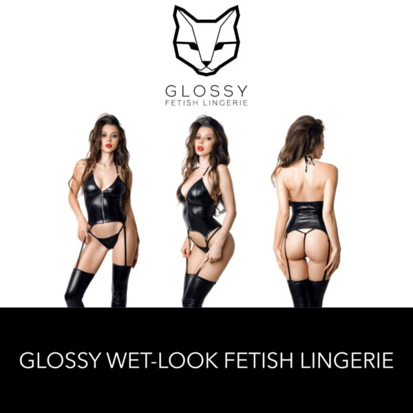 Glossy Fetish Lingerie Paula Wetlook Gartered Halter Cami with Zip Front and Panties Set Black 955043