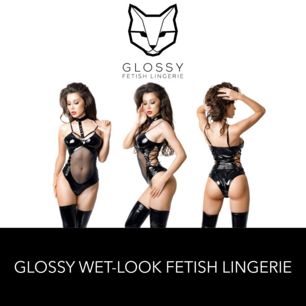 Glossy Fetish Lingerie Sherrie Wetlook Bodysuit With Mesh Insert Choker and Lace Up Sides Black 955045