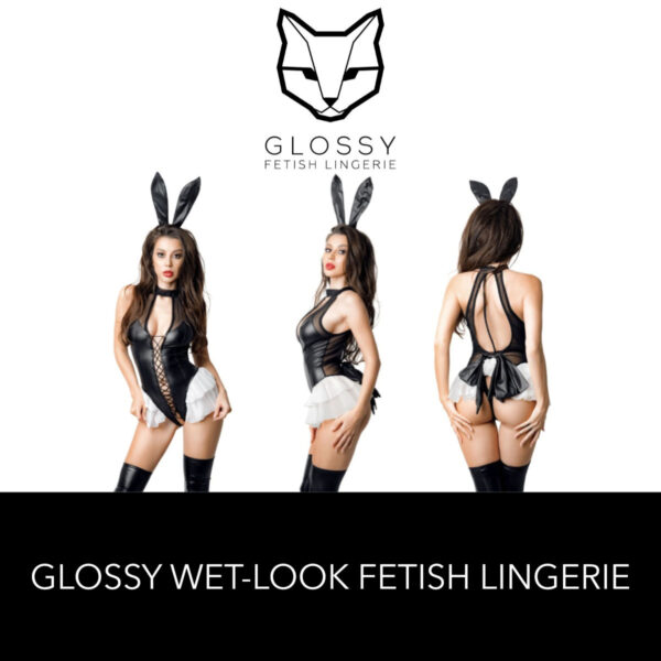 Glossy Fetish Lingerie Stacy Wetlook Bodysuit With Tulle Trim Bunny Ears Headband and Fluffy Ponytail At Back Black 955044