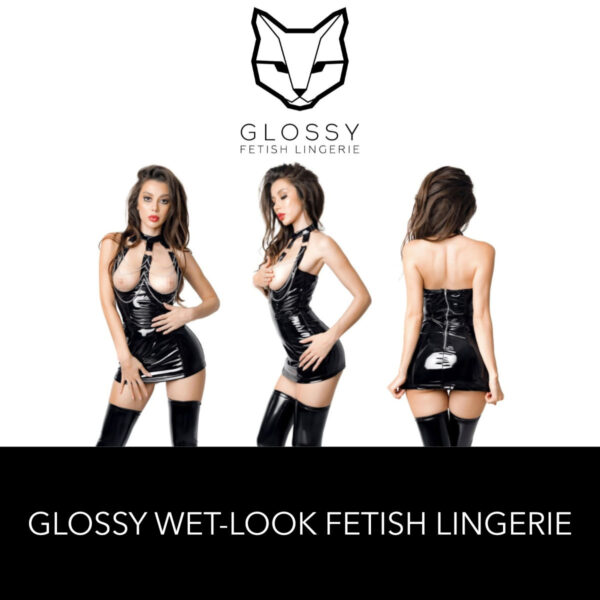 Glossy Fetish Lingerie Trisha Wetlook Cupless Halter Dress with Metal Chains On Chest Black