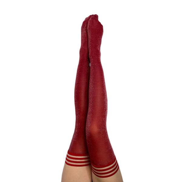 Kixies Holly Silicone Stay Up Striped Band Top Shimmery Thigh High Stockings Cranberry Red Detail.jpg