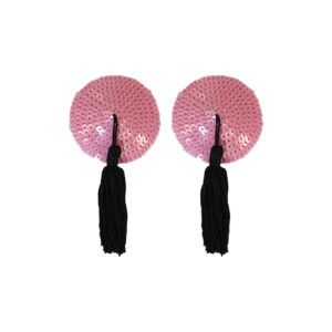 love in leather round sequin nipple pasties with fabric tassels Pink Black NIP001BP 1491600121605 Detail.jpg