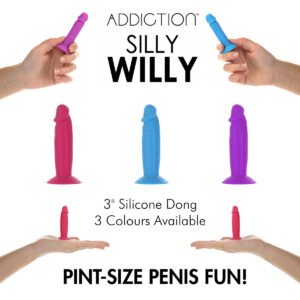 BMS Addiction Silly Willy Novelty 3 Inch Silicone Penis Dong with Suction Cup Pink Purple Blue 87099 677613870995 Multiview.jpg